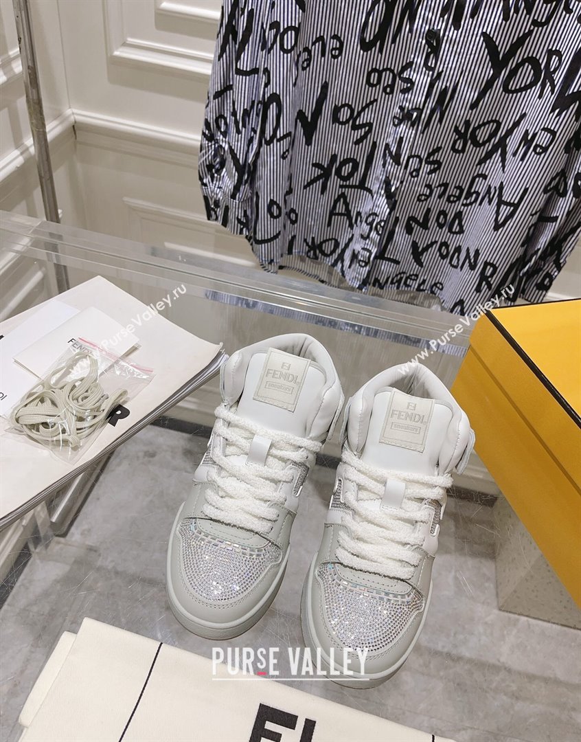 Fendi Match High Top Sneakers in Leather and Crystals Light Grey 2023 (SS-230910143)