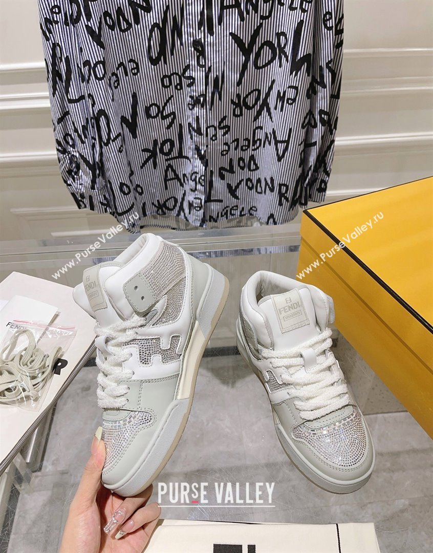 Fendi Match High Top Sneakers in Leather and Crystals Light Grey 2023 (SS-230910143)