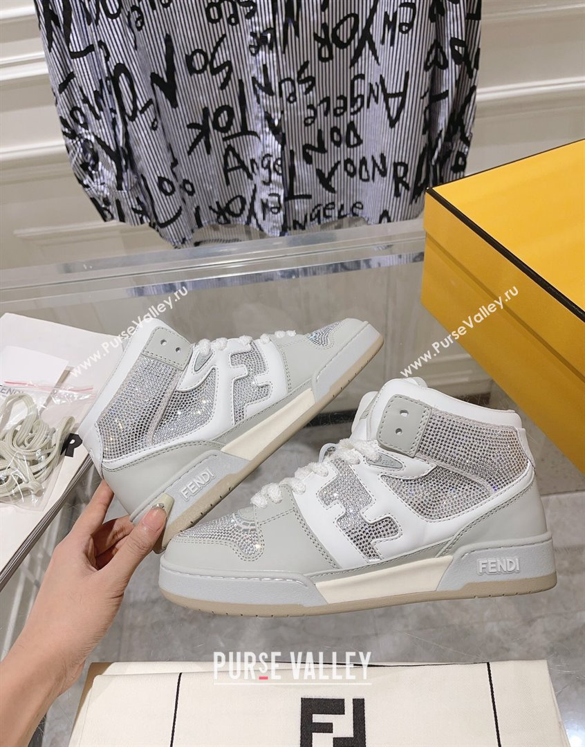 Fendi Match High Top Sneakers in Leather and Crystals Light Grey 2023 (SS-230910143)