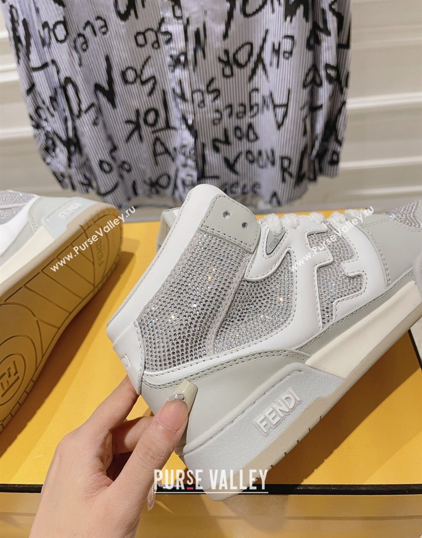 Fendi Match High Top Sneakers in Leather and Crystals Light Grey 2023 (SS-230910143)