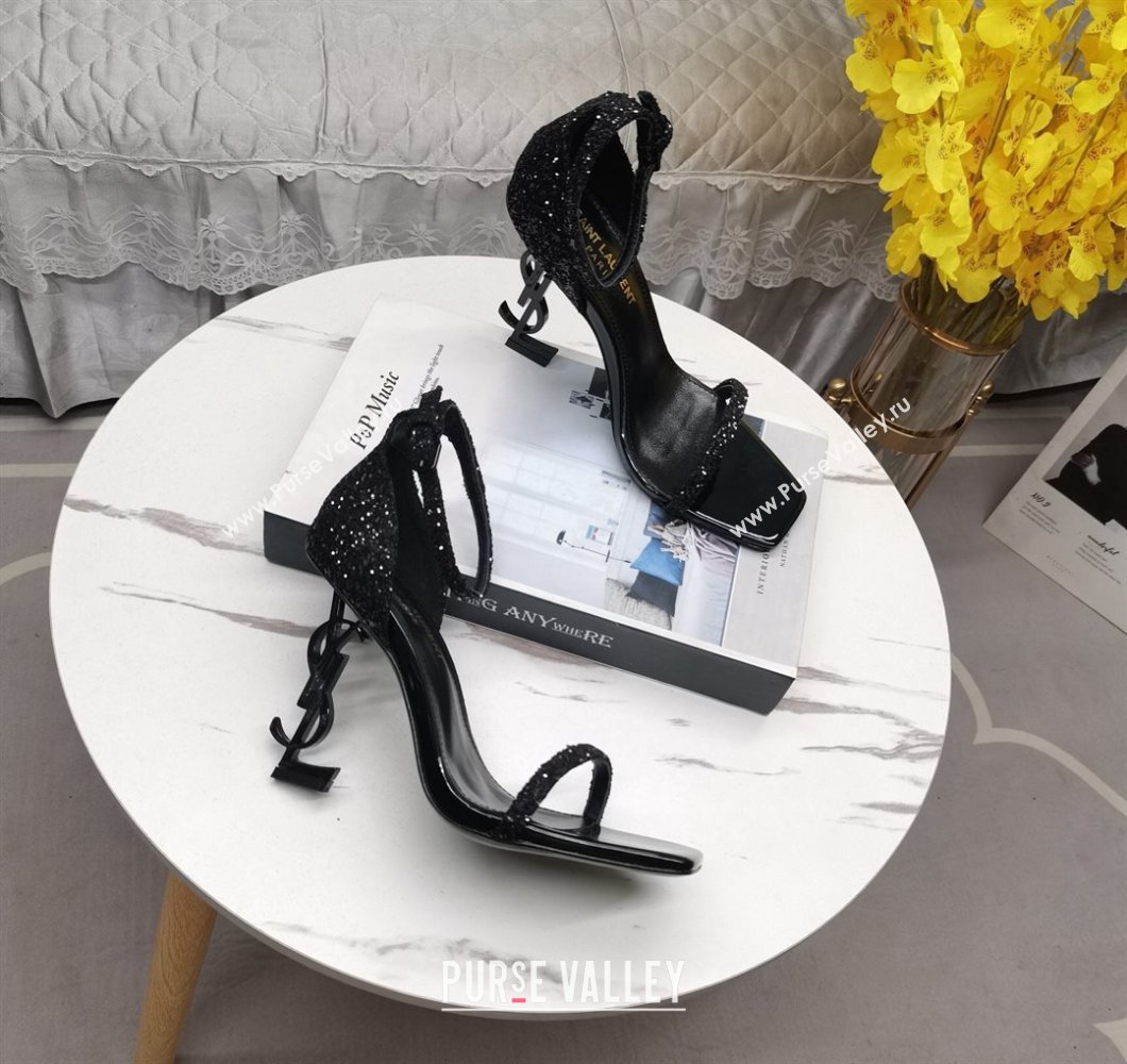 Saint Laurent Glitter YSL Heel Sandals 8.5cm Black 2023 ysl09112 (KL-23091160)