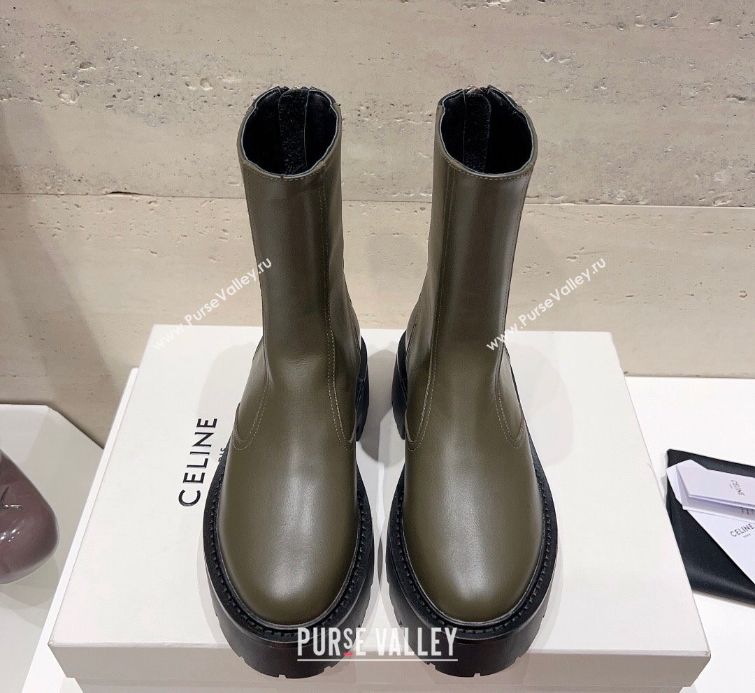 Celine Bulky Ankle Boots with Back Zip and Triomphe in Calfskin Green 2023 (SS-231013126)