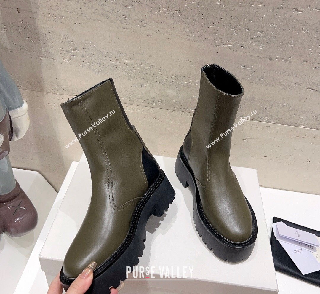 Celine Bulky Ankle Boots with Back Zip and Triomphe in Calfskin Green 2023 (SS-231013126)