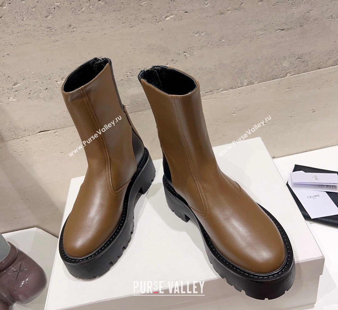 Celine Bulky Ankle Boots with Back Zip and Triomphe in Calfskin Khaki 2023 (SS-231013129)