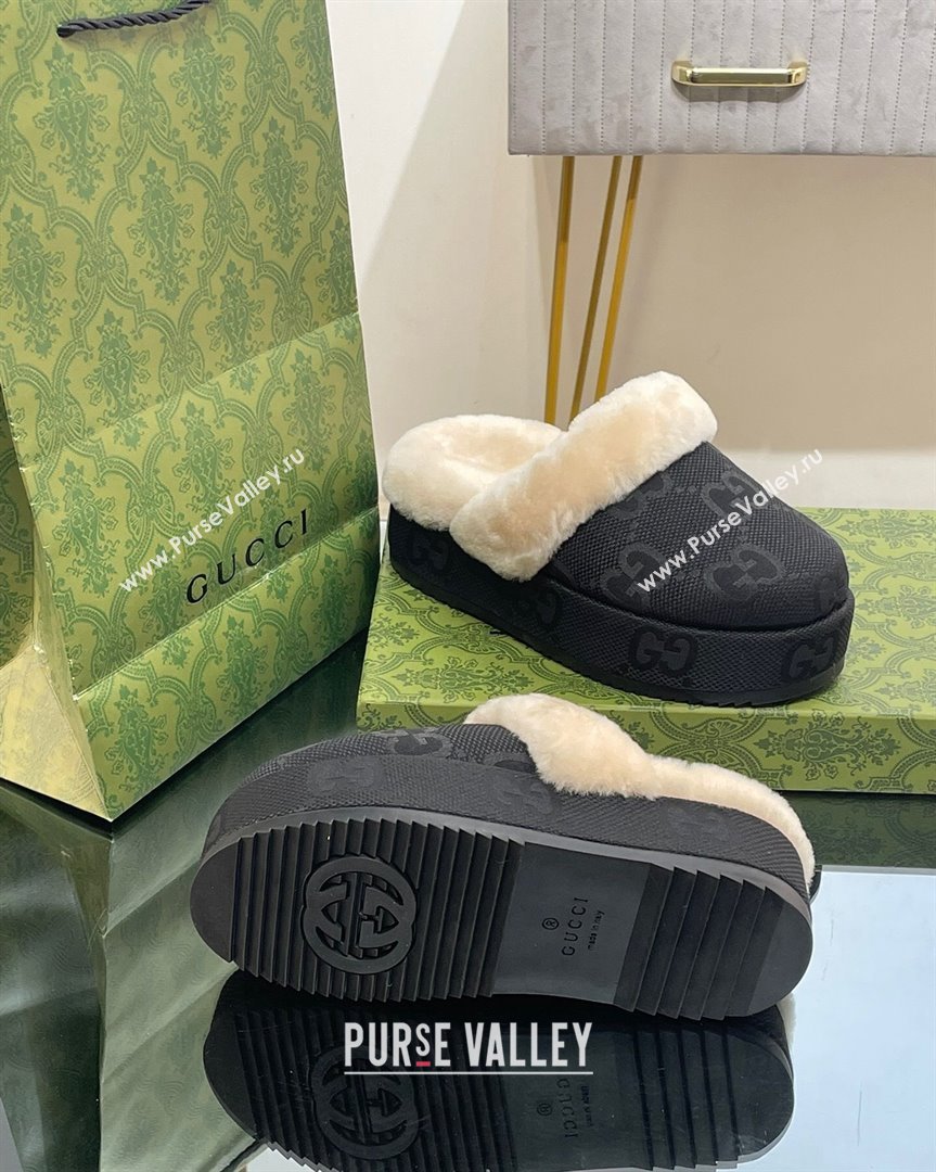 Gucci Jumbo GG Canvas and Wool Platform Mules 5.5cm Black 2023 GG10141 (MD-231014046)