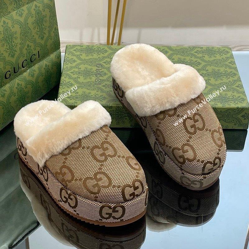 Gucci Jumbo GG Canvas and Wool Platform Mules 5.5cm Camel 2023 GG10141 (MD-231014047)