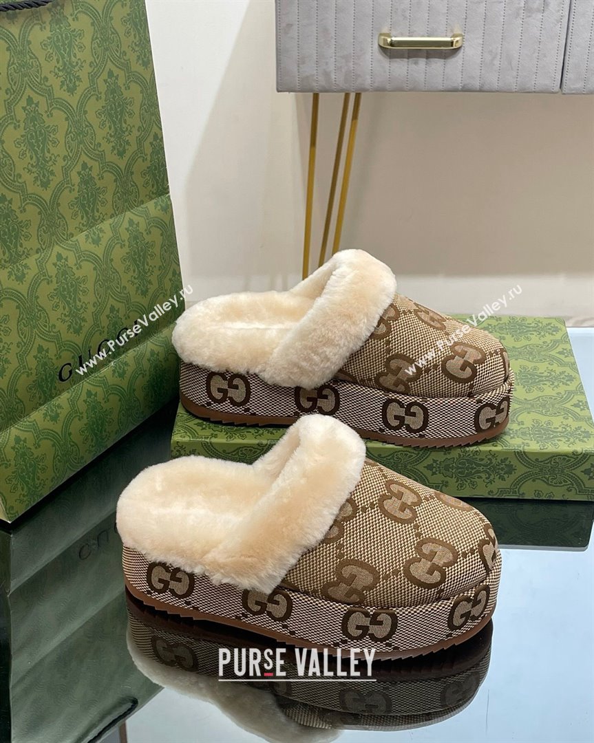 Gucci Jumbo GG Canvas and Wool Platform Mules 5.5cm Camel 2023 GG10141 (MD-231014047)