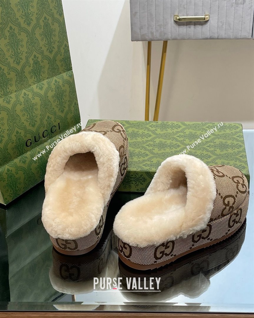 Gucci Jumbo GG Canvas and Wool Platform Mules 5.5cm Camel 2023 GG10141 (MD-231014047)