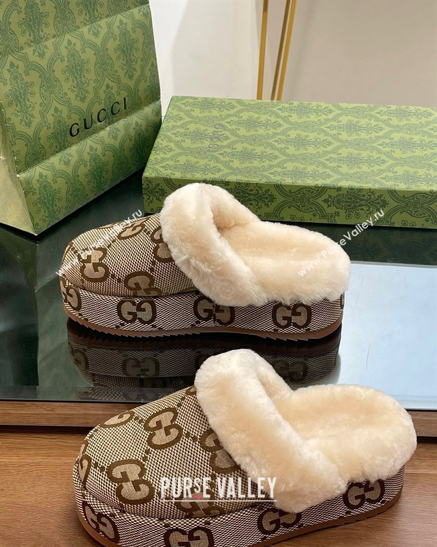 Gucci Jumbo GG Canvas and Wool Platform Mules 5.5cm Camel 2023 GG10141 (MD-231014047)