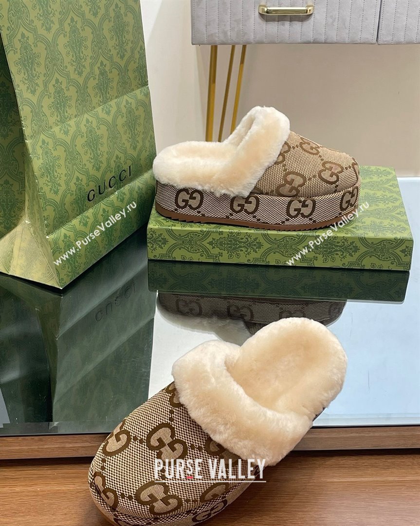 Gucci Jumbo GG Canvas and Wool Platform Mules 5.5cm Camel 2023 GG10141 (MD-231014047)