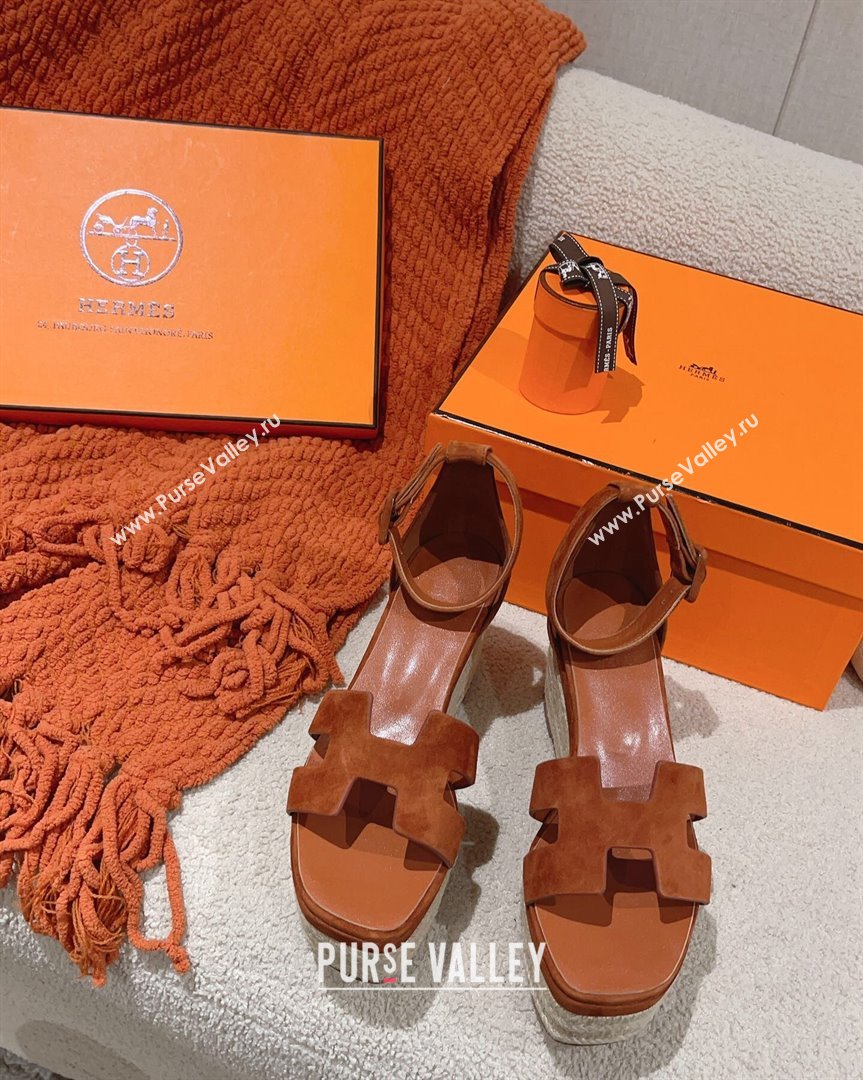 Hermes Elda Suede Platform Wedge Sandals 8.5cm Brown 2023 (MD-231014022)