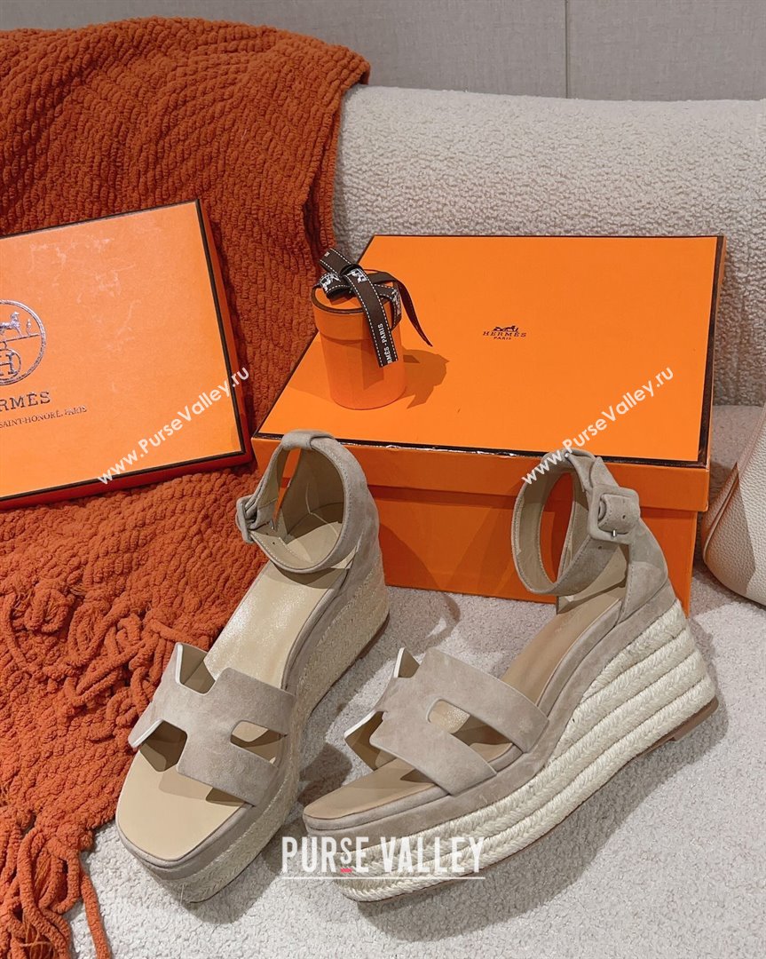 Hermes Elda Suede Platform Wedge Sandals 8.5cm Grey 2023 (MD-231014023)