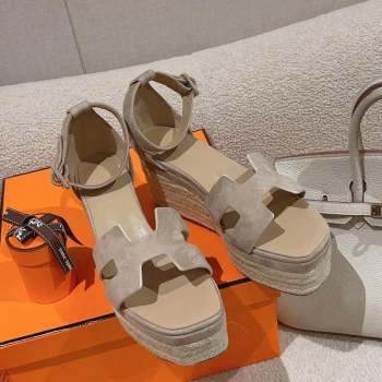 Hermes Elda Suede Platform Wedge Sandals 8.5cm Grey 2023 (MD-231014023)