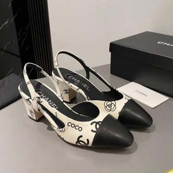 Chanel Coco CC Lambskin Classic Slingback Pumps 6cm White Black 2023 CH10161 (MD-231016018)