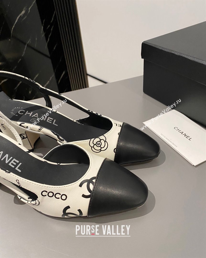 Chanel Coco CC Lambskin Classic Slingback Pumps 6cm White Black 2023 CH10161 (MD-231016018)