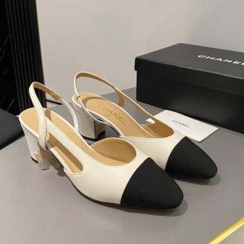 Chanel Lambskin Grosgrain Classic Slingback Pumps 6cm White Black 2023 CH10161 (MD-231016019)