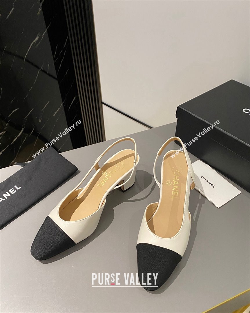 Chanel Lambskin Grosgrain Classic Slingback Pumps 6cm White Black 2023 CH10161 (MD-231016019)