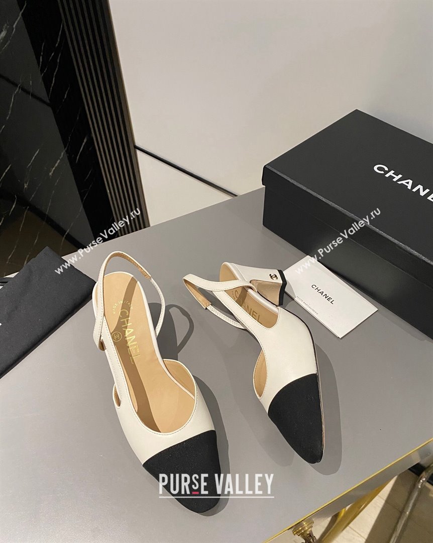 Chanel Lambskin Grosgrain Classic Slingback Pumps 6cm White Black 2023 CH10161 (MD-231016019)