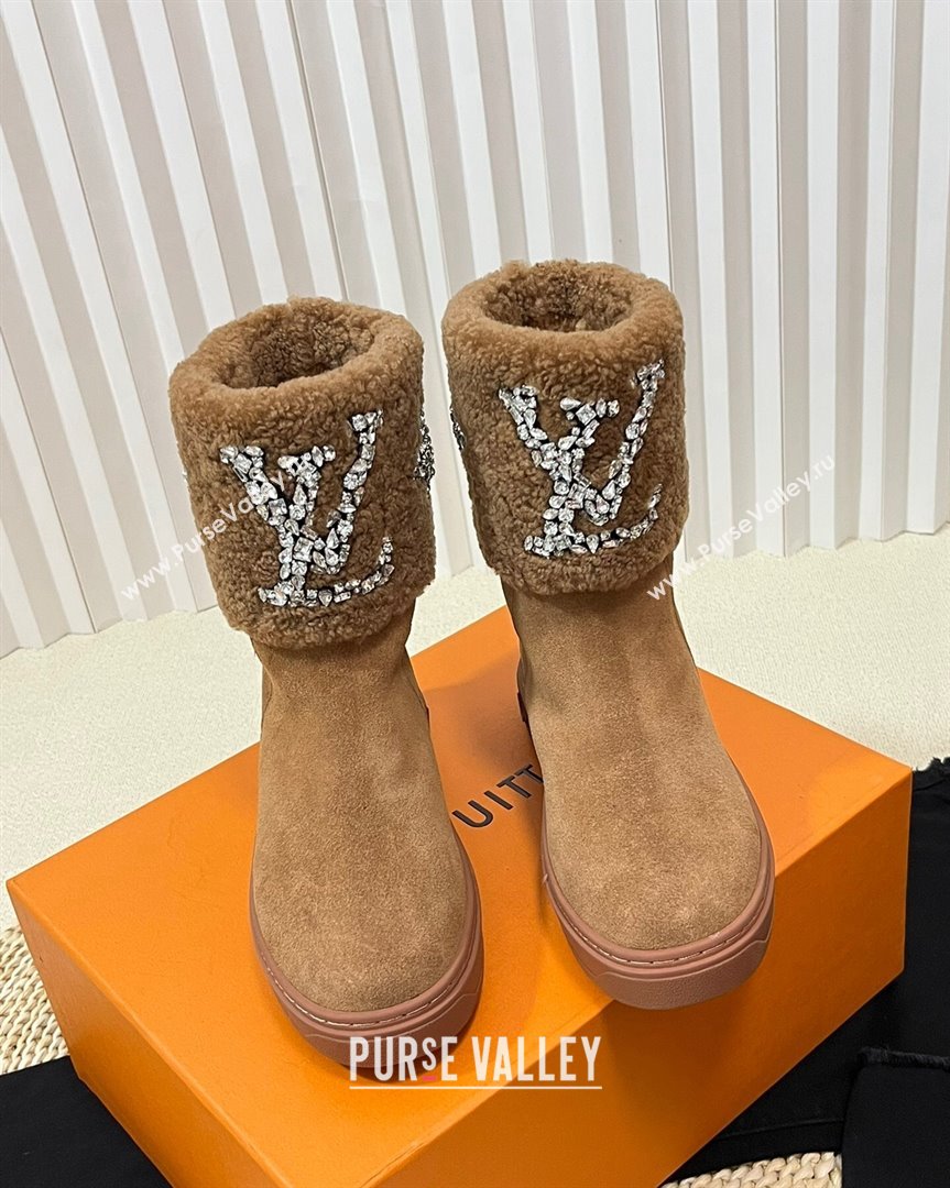 Louis Vuitton Snowdrop Shearling and Suede Flat Ankle Boots with Crystals Brown 2023 (MD-231016026)