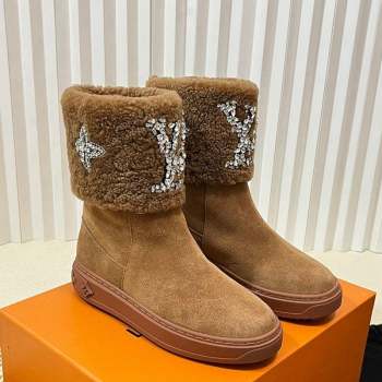 Louis Vuitton Snowdrop Shearling and Suede Flat Ankle Boots with Crystals Brown 2023 (MD-231016026)