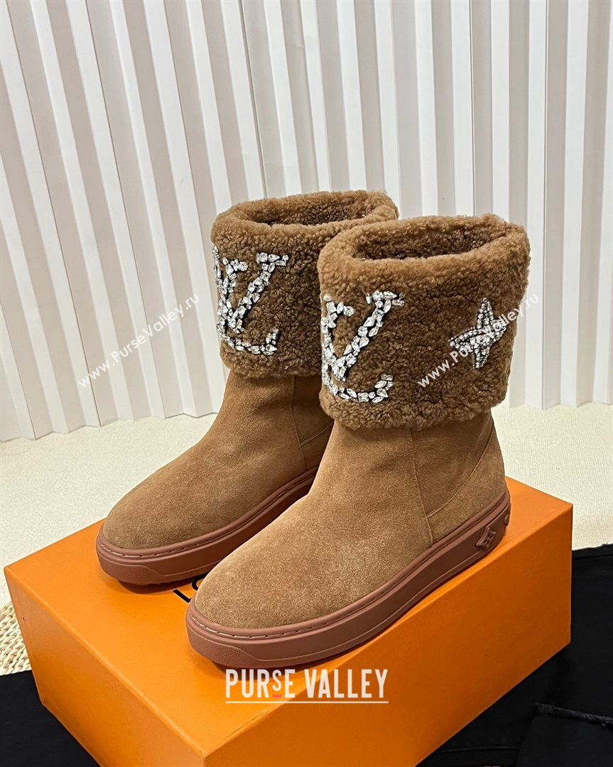 Louis Vuitton Snowdrop Shearling and Suede Flat Ankle Boots with Crystals Brown 2023 (MD-231016026)