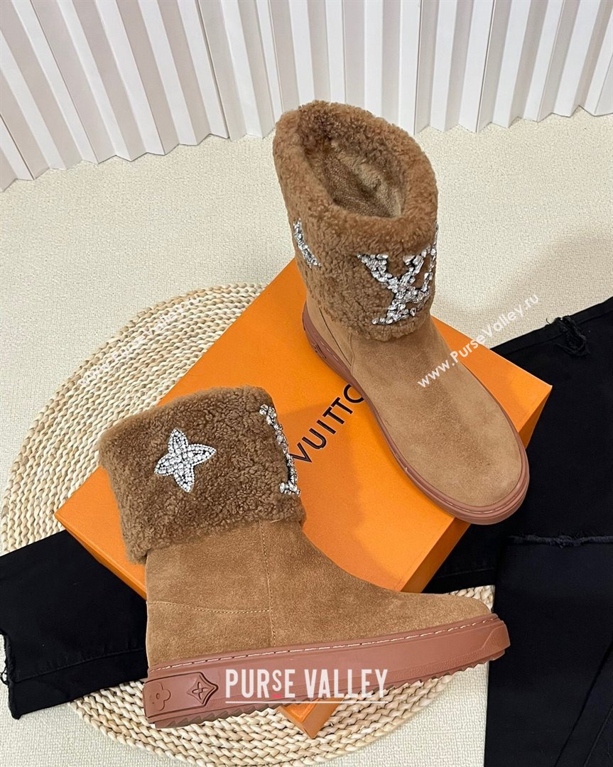 Louis Vuitton Snowdrop Shearling and Suede Flat Ankle Boots with Crystals Brown 2023 (MD-231016026)