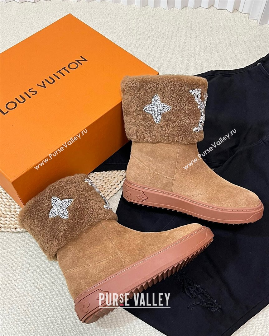 Louis Vuitton Snowdrop Shearling and Suede Flat Ankle Boots with Crystals Brown 2023 (MD-231016026)