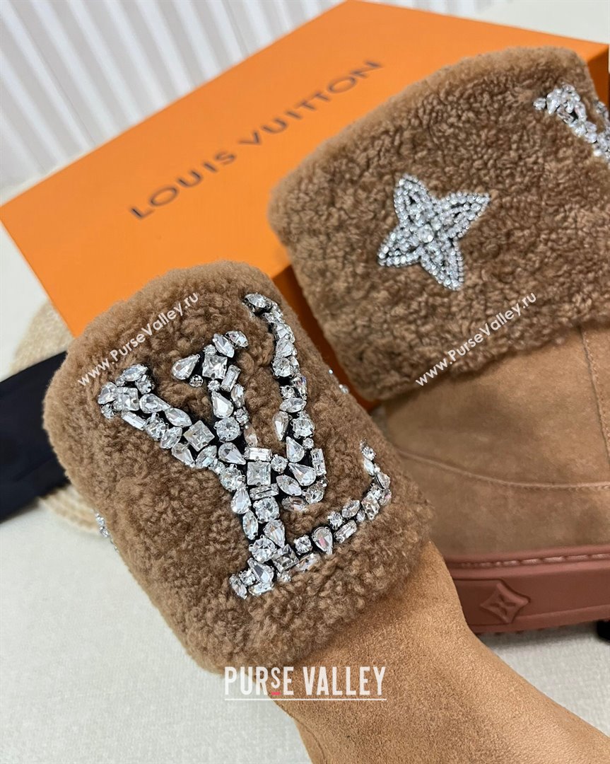 Louis Vuitton Snowdrop Shearling and Suede Flat Ankle Boots with Crystals Brown 2023 (MD-231016026)