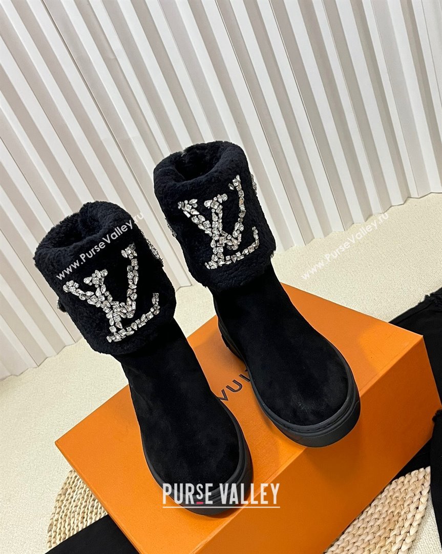 Louis Vuitton Snowdrop Shearling and Suede Flat Ankle Boots with Crystals Black 2 2023 (MD-231016027)