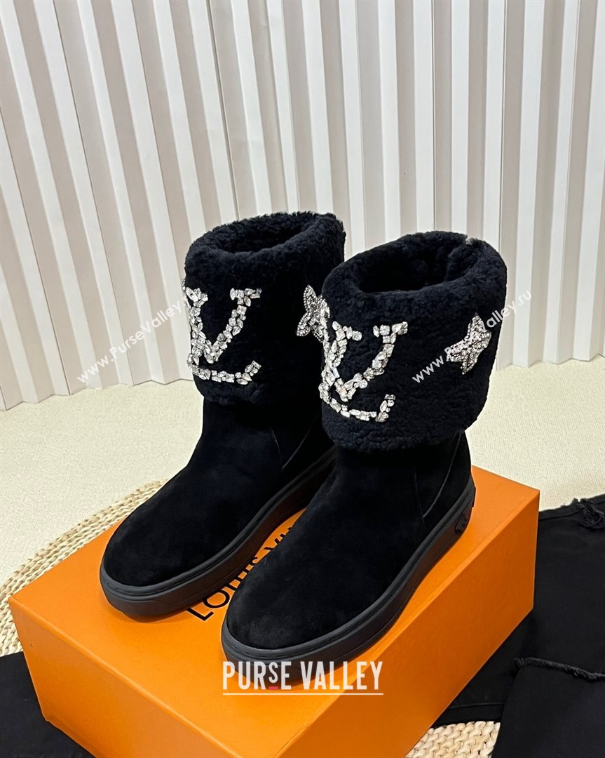 Louis Vuitton Snowdrop Shearling and Suede Flat Ankle Boots with Crystals Black 2 2023 (MD-231016027)