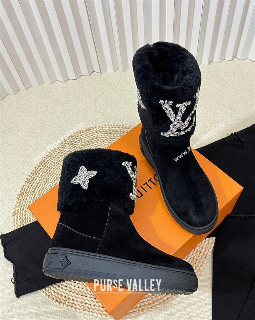 Louis Vuitton Snowdrop Shearling and Suede Flat Ankle Boots with Crystals Black 2 2023 (MD-231016027)