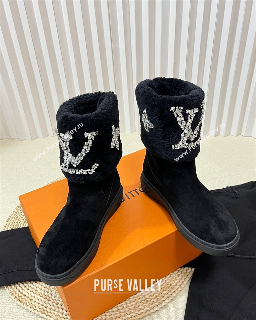 Louis Vuitton Snowdrop Shearling and Suede Flat Ankle Boots with Crystals Black 2 2023 (MD-231016027)