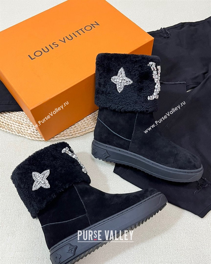 Louis Vuitton Snowdrop Shearling and Suede Flat Ankle Boots with Crystals Black 2 2023 (MD-231016027)