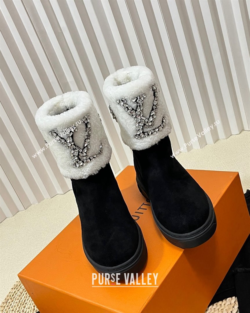 Louis Vuitton Snowdrop Shearling and Suede Flat Ankle Boots with Crystals Black White 2023 (MD-231016028)