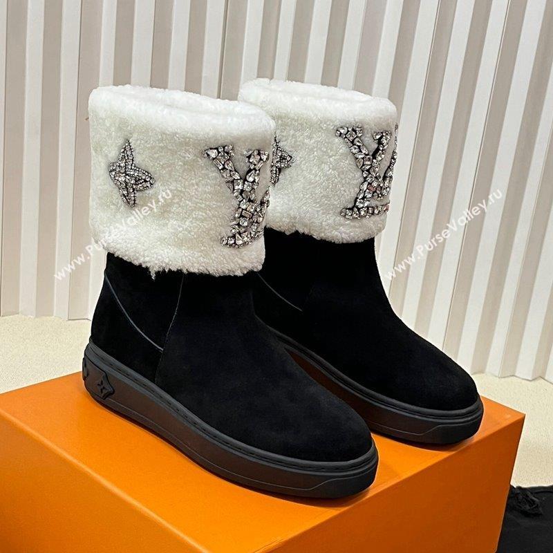 Louis Vuitton Snowdrop Shearling and Suede Flat Ankle Boots with Crystals Black White 2023 (MD-231016028)