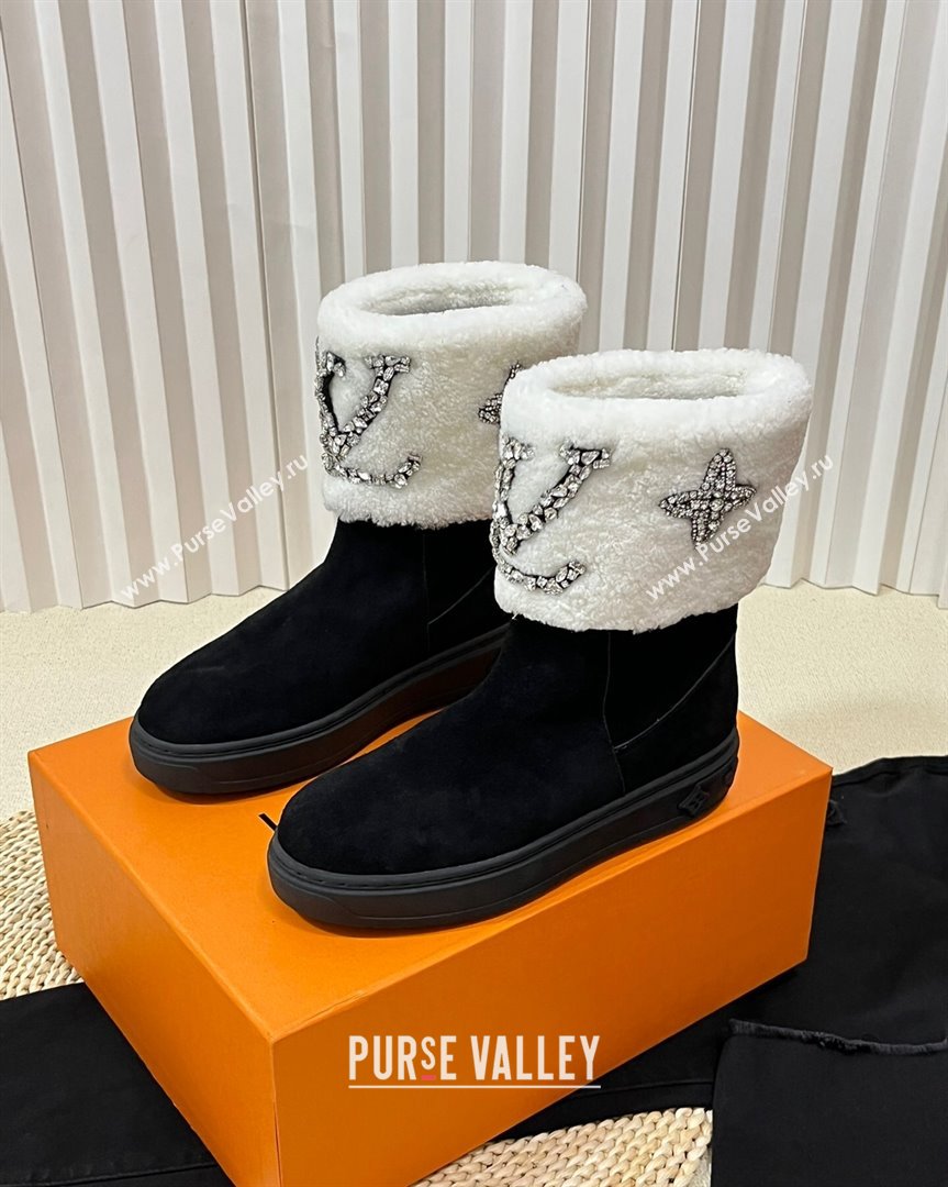 Louis Vuitton Snowdrop Shearling and Suede Flat Ankle Boots with Crystals Black White 2023 (MD-231016028)