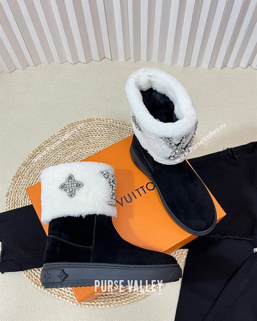 Louis Vuitton Snowdrop Shearling and Suede Flat Ankle Boots with Crystals Black White 2023 (MD-231016028)