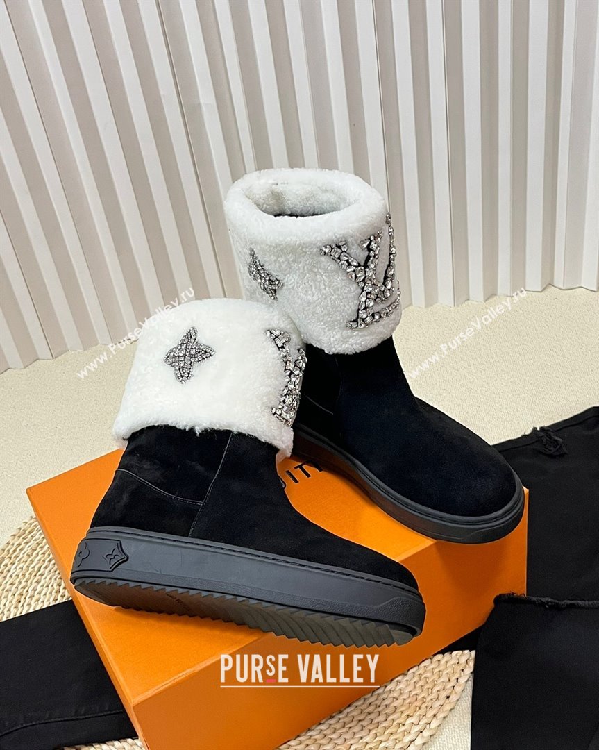 Louis Vuitton Snowdrop Shearling and Suede Flat Ankle Boots with Crystals Black White 2023 (MD-231016028)