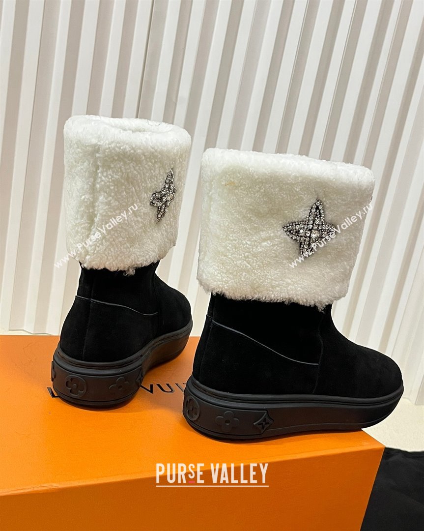 Louis Vuitton Snowdrop Shearling and Suede Flat Ankle Boots with Crystals Black White 2023 (MD-231016028)