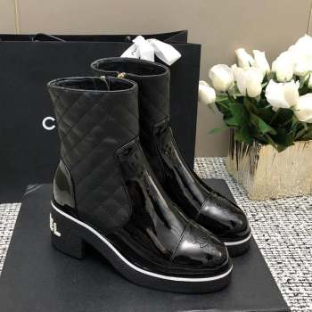 Chanel Quilted Lambskin and Patent Calfskin Heel Ankle Boots 6cm Black 2 2023 (MD-231016115)