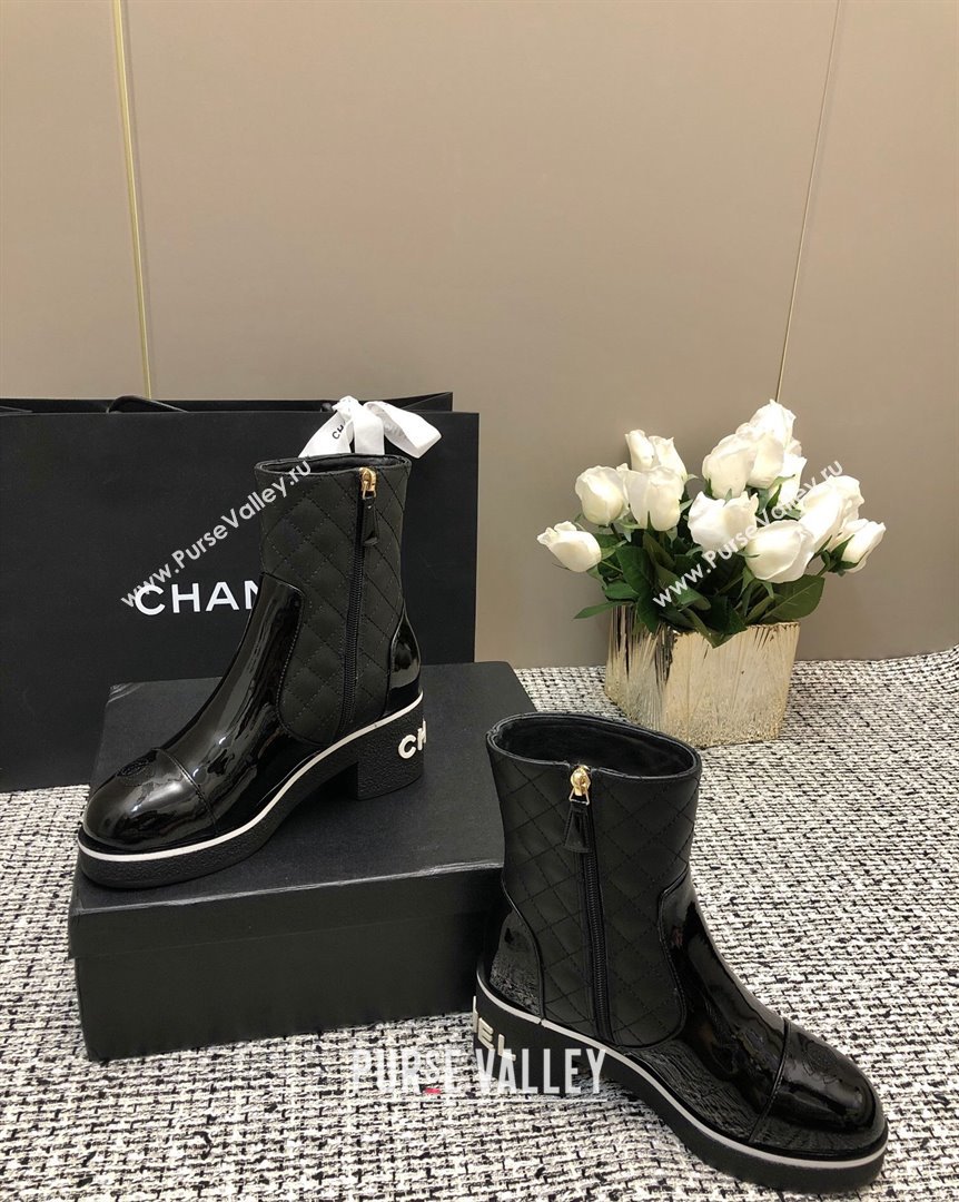 Chanel Quilted Lambskin and Patent Calfskin Heel Ankle Boots 6cm Black 2 2023 (MD-231016115)