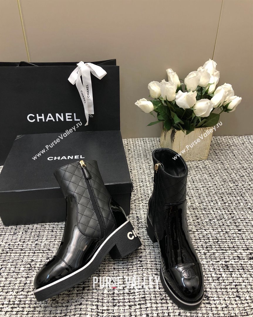 Chanel Quilted Lambskin and Patent Calfskin Heel Ankle Boots 6cm Black 2 2023 (MD-231016115)