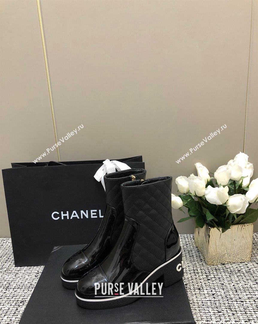 Chanel Quilted Lambskin and Patent Calfskin Heel Ankle Boots 6cm Black 2 2023 (MD-231016115)