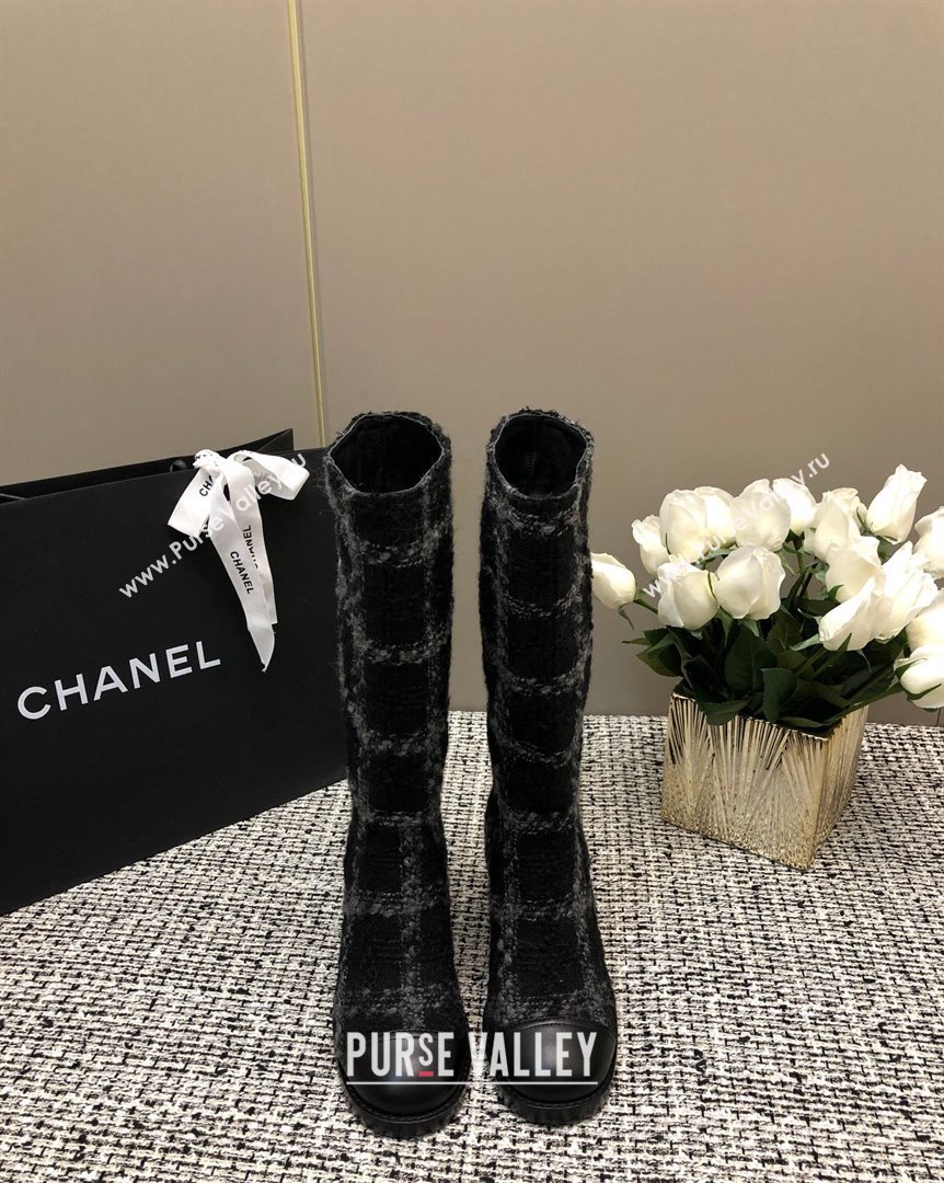 Chanel Tweed Medium Boots 6cm Black Light Grey 2023 CH10162 (MD-231016120)