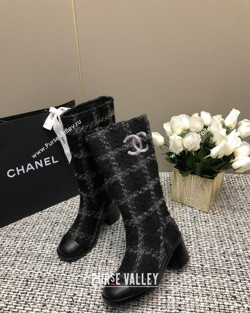 Chanel Tweed Medium Boots 6cm Black Light Grey 2023 CH10162 (MD-231016120)