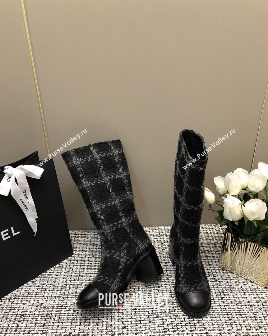 Chanel Tweed Medium Boots 6cm Black Light Grey 2023 CH10162 (MD-231016120)