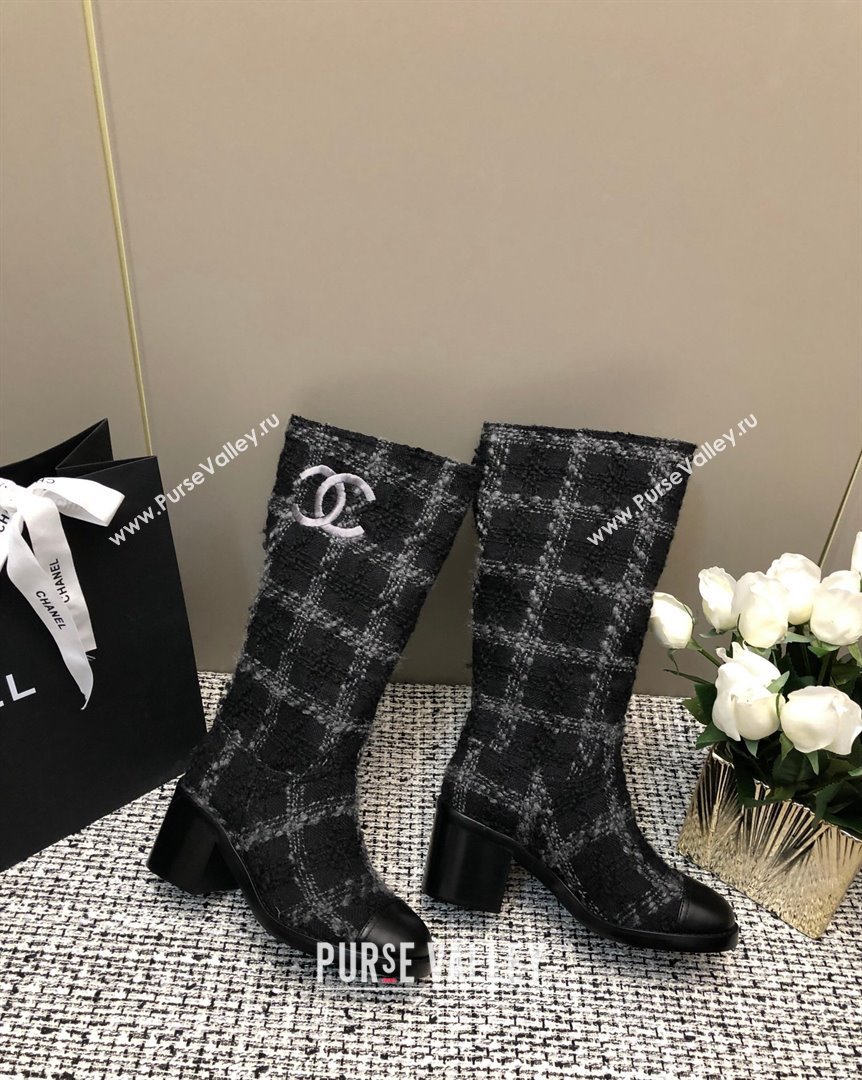 Chanel Tweed Medium Boots 6cm Black Light Grey 2023 CH10162 (MD-231016120)