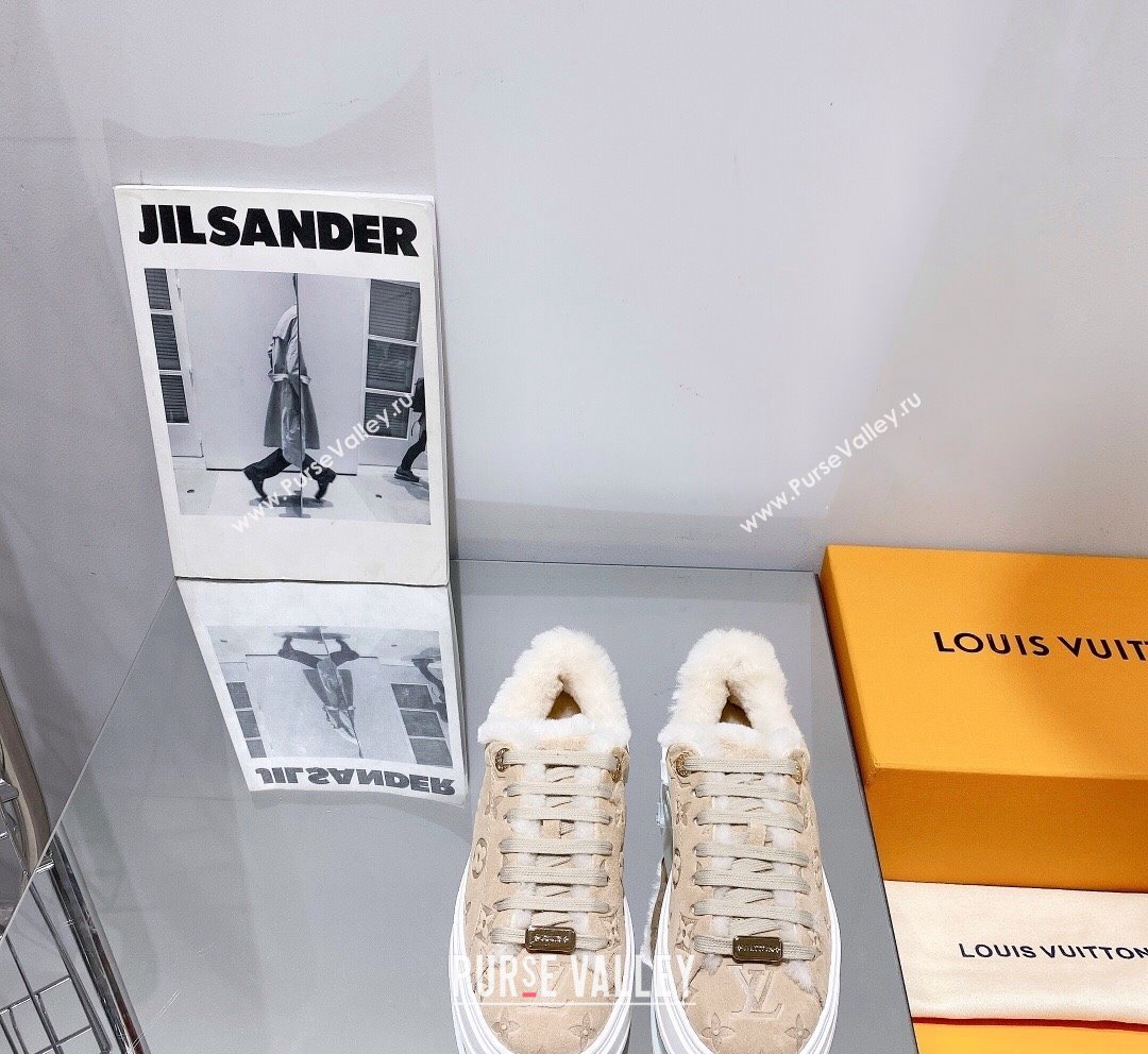 Louis Vuitton Time Out Sneakers in Monogram Suede and Shearling Beige 2023 (SS-231016129)