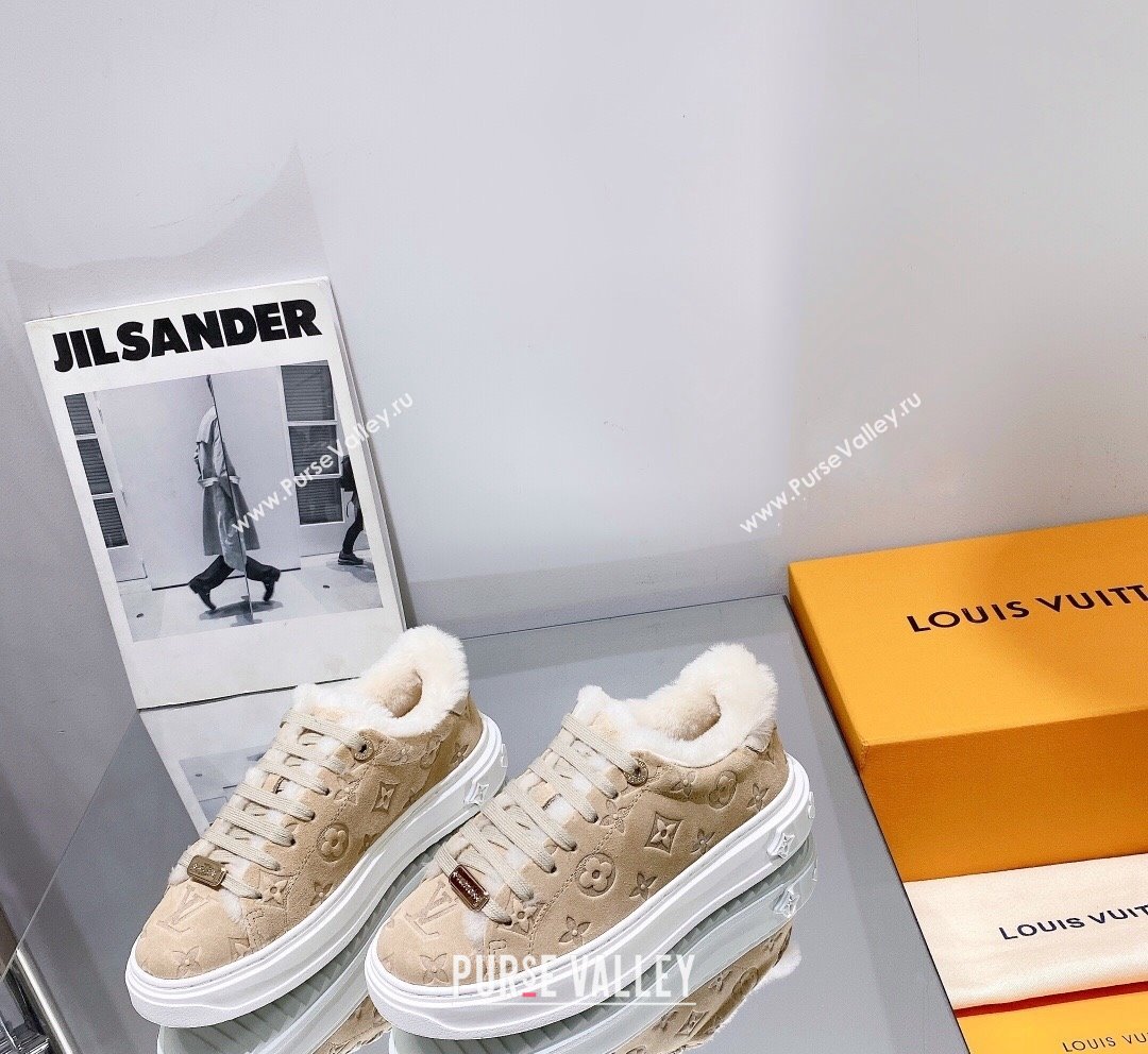 Louis Vuitton Time Out Sneakers in Monogram Suede and Shearling Beige 2023 (SS-231016129)