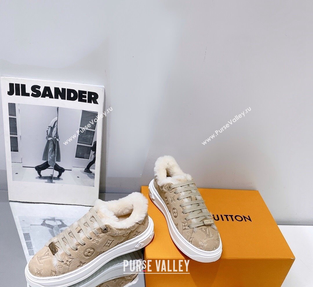 Louis Vuitton Time Out Sneakers in Monogram Suede and Shearling Beige 2023 (SS-231016129)